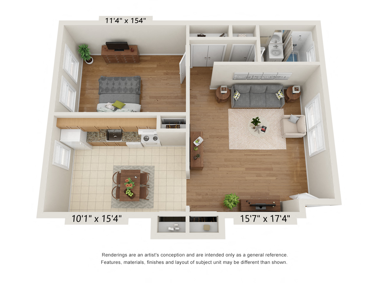 Floor plan for 1 bed, 1 bath, 700 sqft